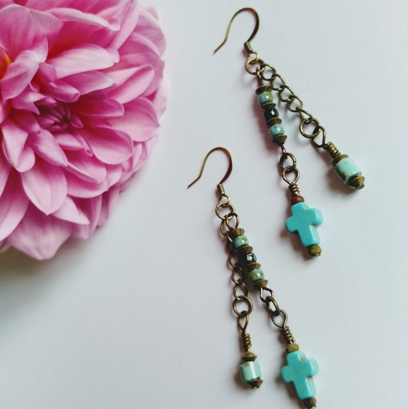 Handmade for Jewelry - 🚫SOLD🚫Brassy Boho Glass & Turquoise Cross
